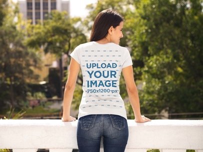 Woman Leaning on a Balcony T-Shirt Mockup a8351
