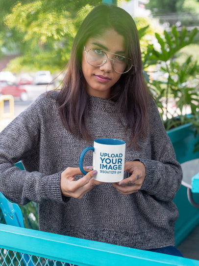 11 oz Color Rim Mug Mockup of a Serious Woman with Vintage Glasses