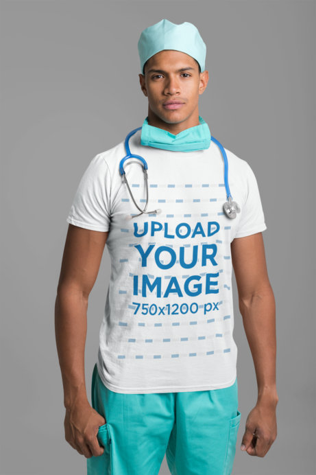 T-Shirt Mockup Featuring a Male Nurse with a Stethoscope Around His Neck