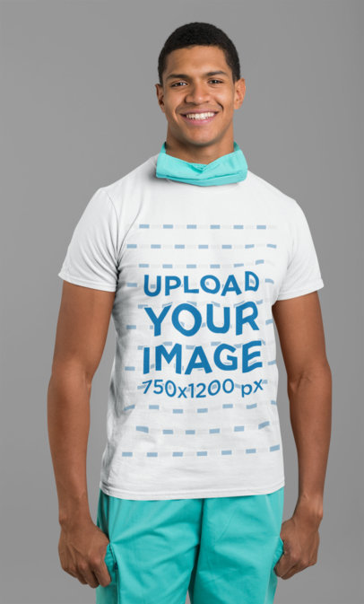 T-Shirt Mockup Featuring a Happy Male Nurse against a Solid Color Background 