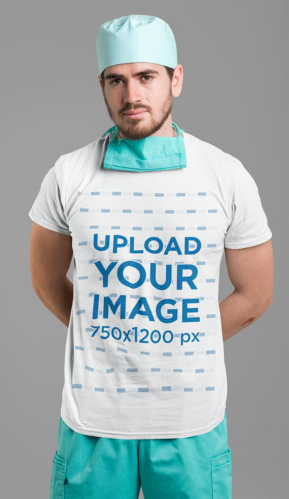T-Shirt Mockup of a Male Nurse Against a Flat Background