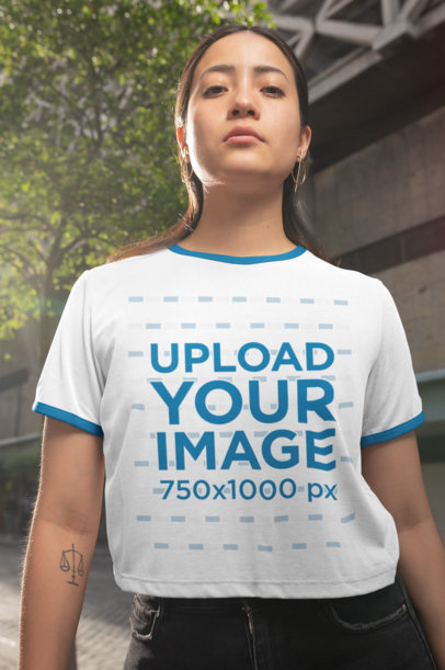 Ringer T-Shirt Mockup of a Serious-Looking Woman
