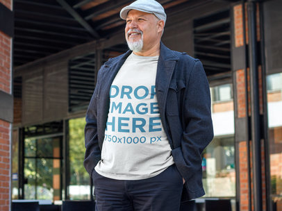 Elderly Man Standing Outside a Cafe T-Shirt Mockup 