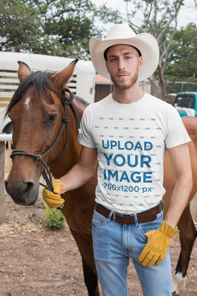 T-Shirt Mockup of a Cowboy with a Horse in a Ranch