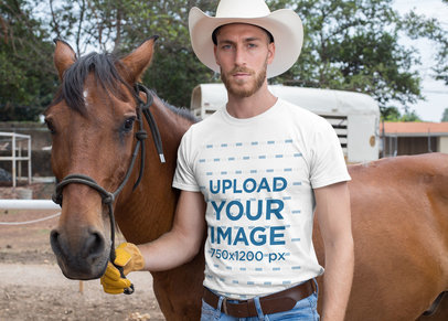 T-Shirt Mockup of a Cowboy Standing Beside a Horse