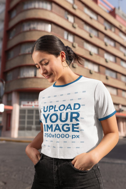 Ringer T-Shirt Mockup of a Woman at the City