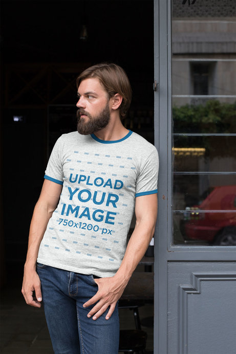 Ringer T-Shirt Mockup of a Hipster Man with His Hand in His Pocket