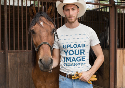 T-Shirt Mockup Featuring a Bearded Cowboy Man Standing Next to a Horse 