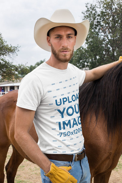Tee Mockup Featuring a Serious-Looking Cowboy Man with a Horse