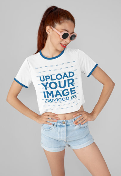 Ringer T-Shirt Mockup Featuring a Slim Red-Head Woman
