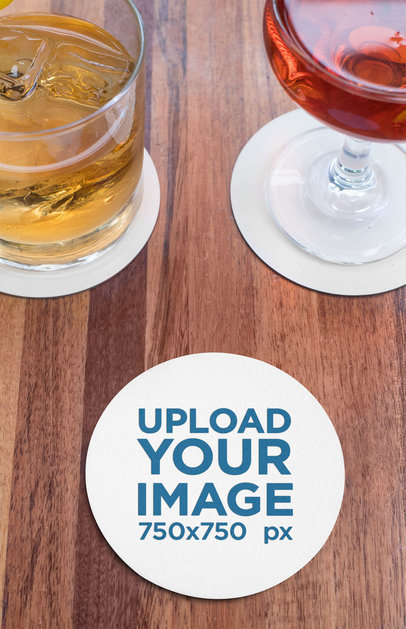 Round Coaster Mockup Featuring Two Cocktails on a Wooden Table 27788