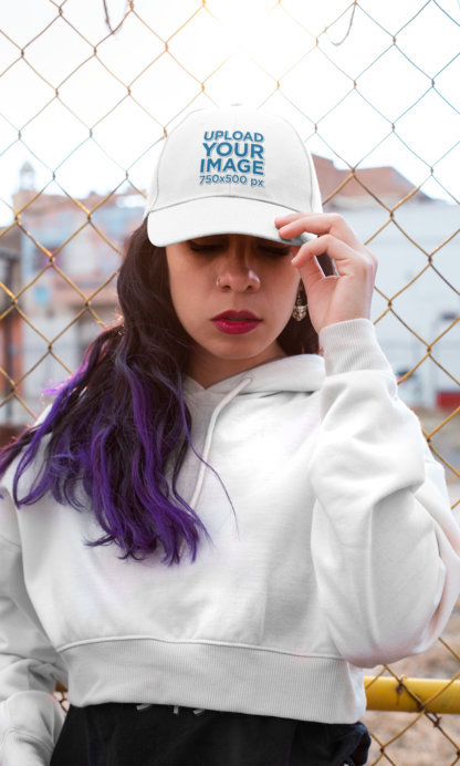 Dad Hat Mockup of a Woman with Purple Hair Looking Down 