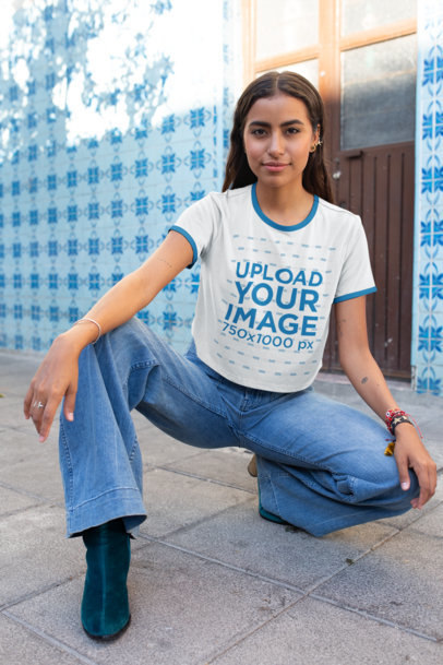 Ringer Tee Crop Top Mockup of a Stylish Woman Posing on the Street