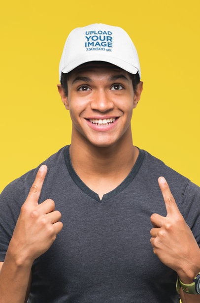 Mockup of a Young Man Proudly Showing His Dad Hat 