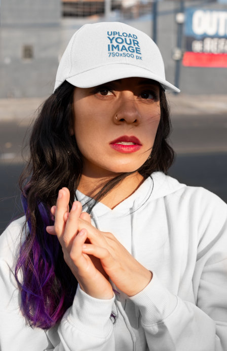 Mockup of a Woman with Purple Hair Wearing a Dad Hat 