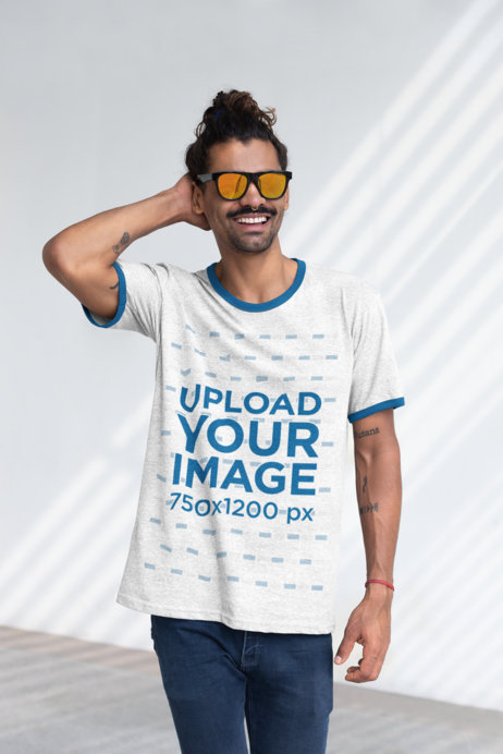 Heather Ringer T-Shirt Mockup of a Cool Man with Sunglasses
