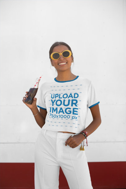 Crop Top Ringer Shirt Mockup Featuring a Trendy Woman Drinking a Soda 27274