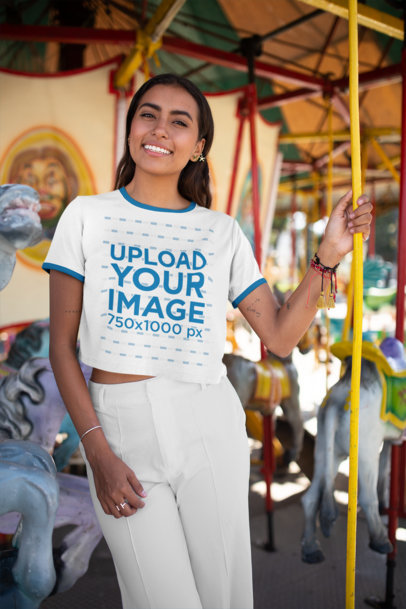 Ringer T-Shirt Mockup of a Woman Standing in a Carousel 
