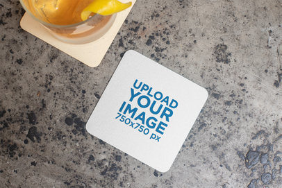 Squared Coaster Mockup Next to a Cocktail over a Concrete Surface 27794