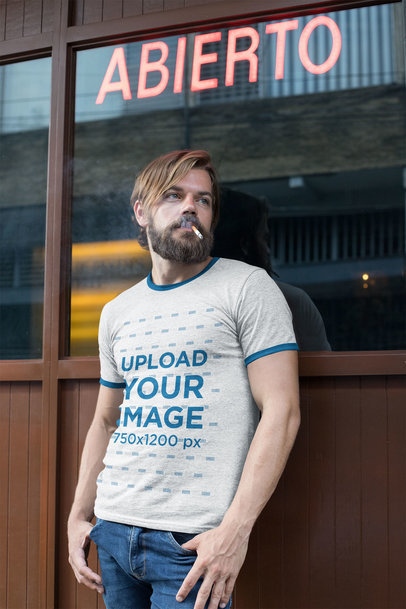 Heather Ringer Tee Mockup of a Cool Man Smoking Outside a Restaurant 