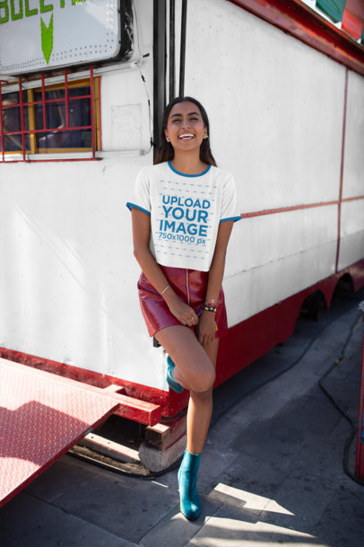 Ringer T-Shirt Mockup of a Trendy Woman with a Leather Skirt 