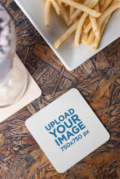 Square Coaster Mockup Featuring a Milkshake and French Fries