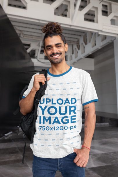 Ringer T-Shirt Mockup Featuring a Man With a Top Knot 