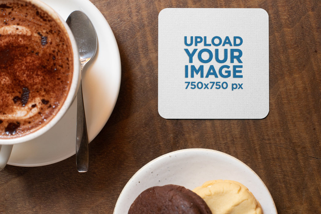 Mockup of a Square Coaster on a Wooden Table Surrounded by Food