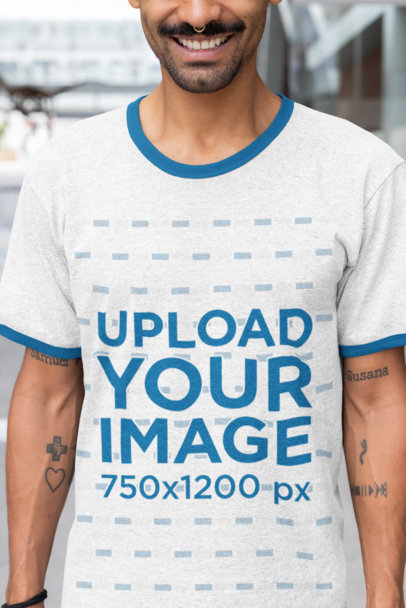 Ringer T-Shirt Mockup of a Bearded Man Smiling 