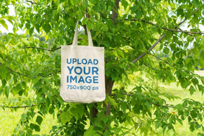 Mockup of a Tote Bag Hanging from a Tree 