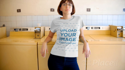 T-Shirt Video of a Woman Posing at a Laundry