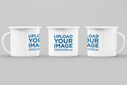 Mockup of Three 12 oz Enamel Mugs Against a Flat Surface