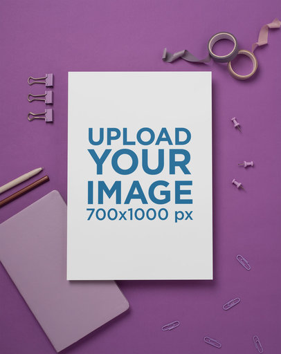 A4 Letterhead Mockup with Office Supplies in a Purple Background