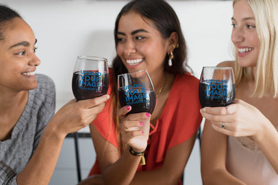 Mockup of Three Girl Friends Holding Stemless Wine Glasses 27943