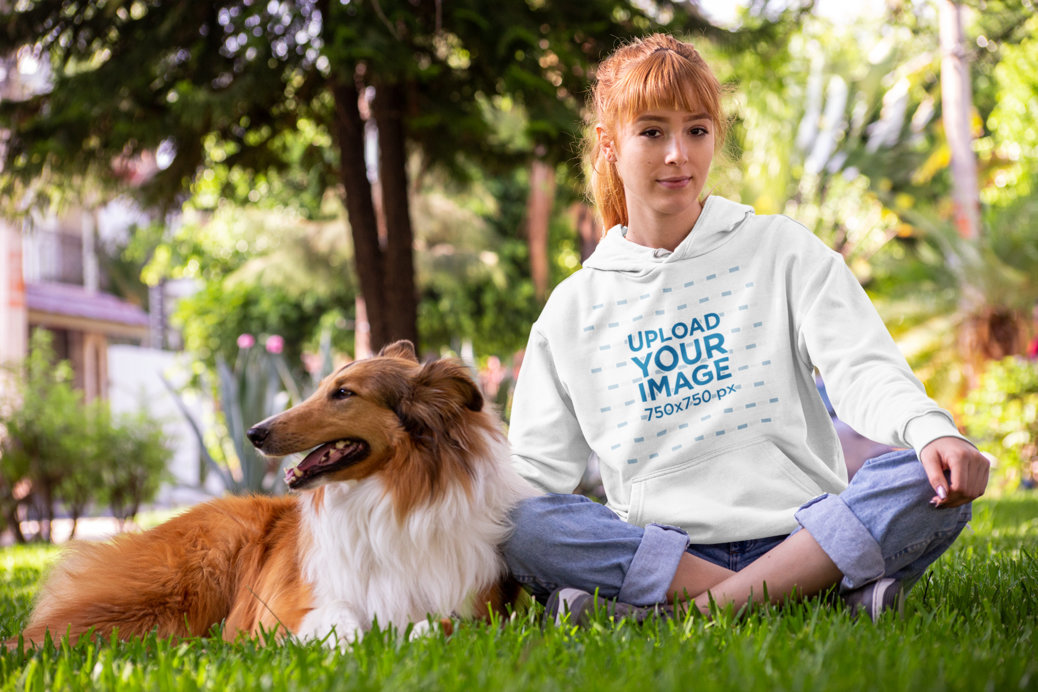 Pullover Hoodie Mockup Featuring a Woman in a Park with Her Dog