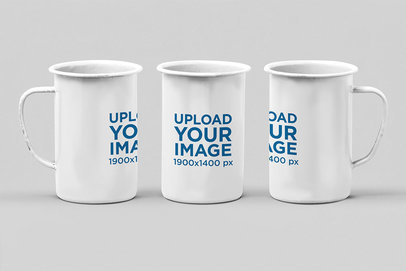 Mockup of Three 21 Oz Enamel Mugs in Different Positions Against a Plain Backdrop
