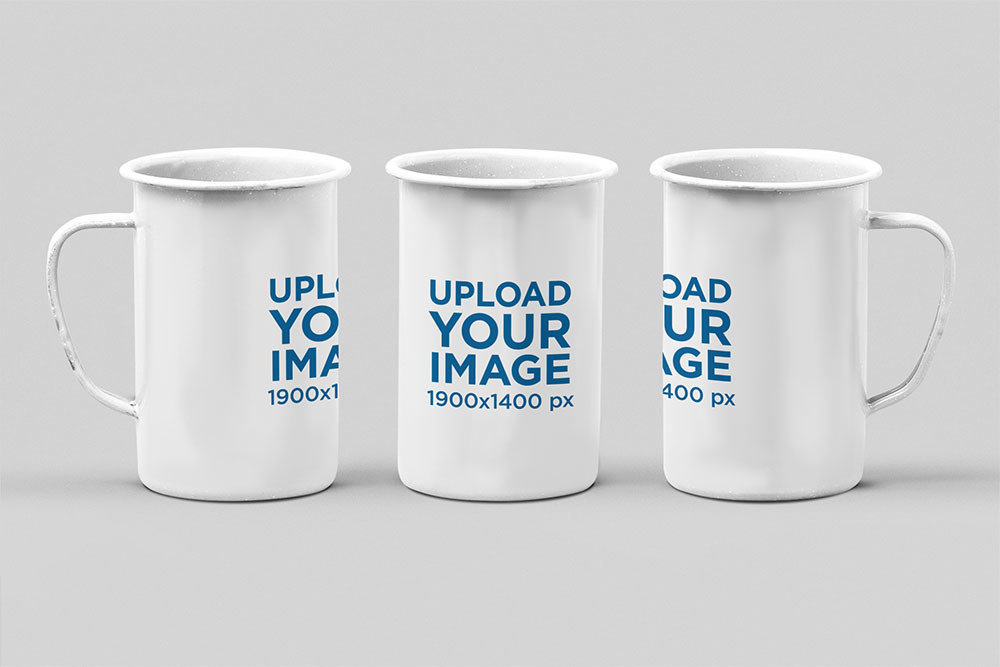 Mockup of Three 21 Oz Enamel Mugs in Different Positions Against a Plain Backdrop