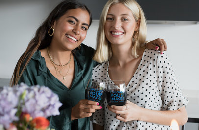 Mockup of Two Girl Friends Holding Stemless Wine Glasses 27953