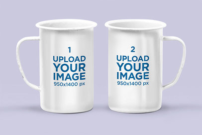 Mockup of Two 21 oz Enamel Mugs in Different Positions Against a White Background 28258