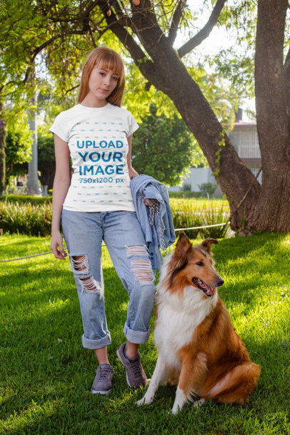 Shirt Mockup of a Red-Haired Woman Walking with Her Dog at a Park