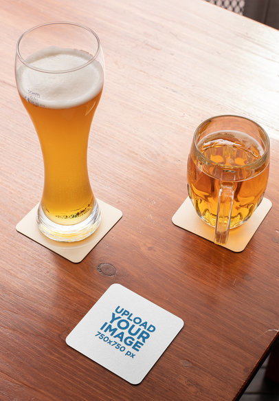 Squared Coasters Mockup Featuring a Wooden Table
