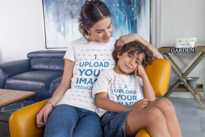 Mockup of Mother and Son Wearing T-Shirts at Home