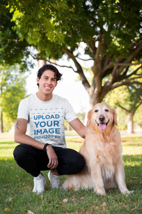Shirt Mockup of a Man Crouching Next to His Dog