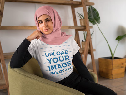 T-Shirt Mockup of a Woman with a Hijab Sitting on a Couch