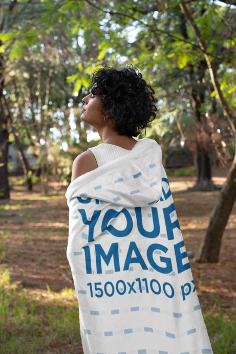 Hooded Fleece Blanket Mockup of a Woman in a Natural Setting