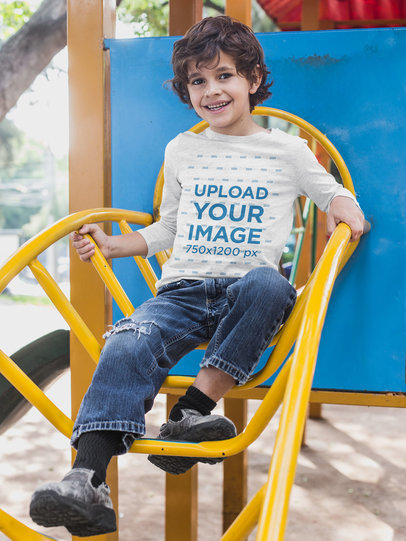 Heathered Long Sleeve T-Shirt Mockup of a Boy Playing at the Park