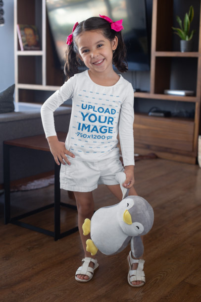 Long Sleeve T-Shirt Mockup of a Little Girl with a Toy 