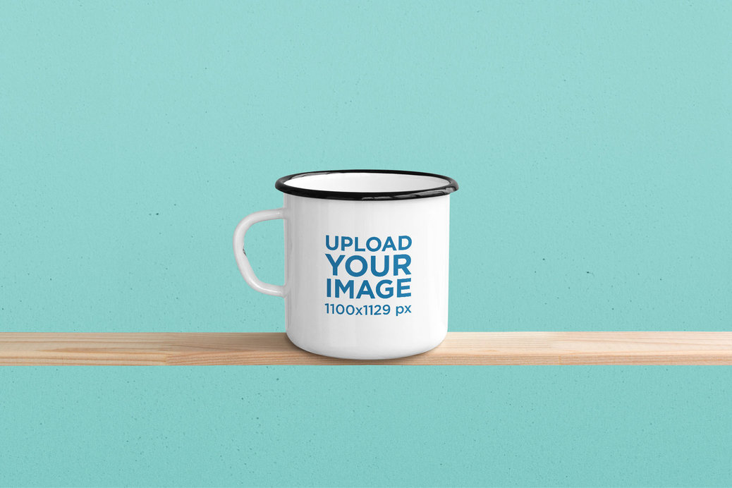 Mockup of a 12 oz Enamel Mockup Over a Narrow Wooden Plank 