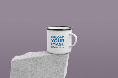 Mockup of a 12 oz Enamel Mug Standing on a Concrete Block 