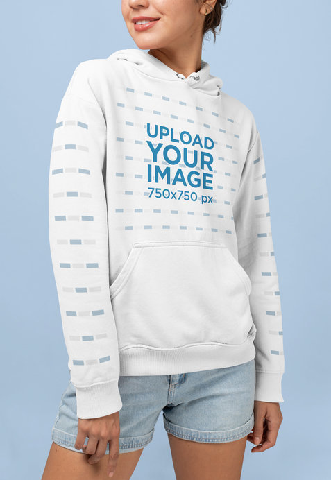 Pullover Hoodie Mockup Featuring a Woman Smiling at a Studio 